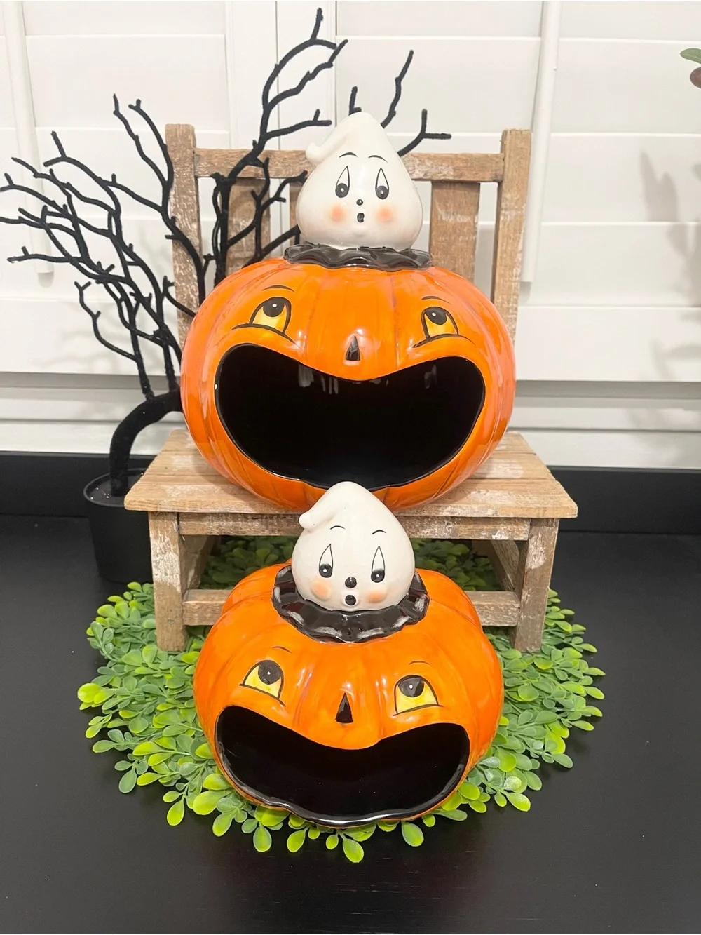 New Johanna Parker LARGE Orange Pumpkin & Ghost Open Mouth Candy Holder